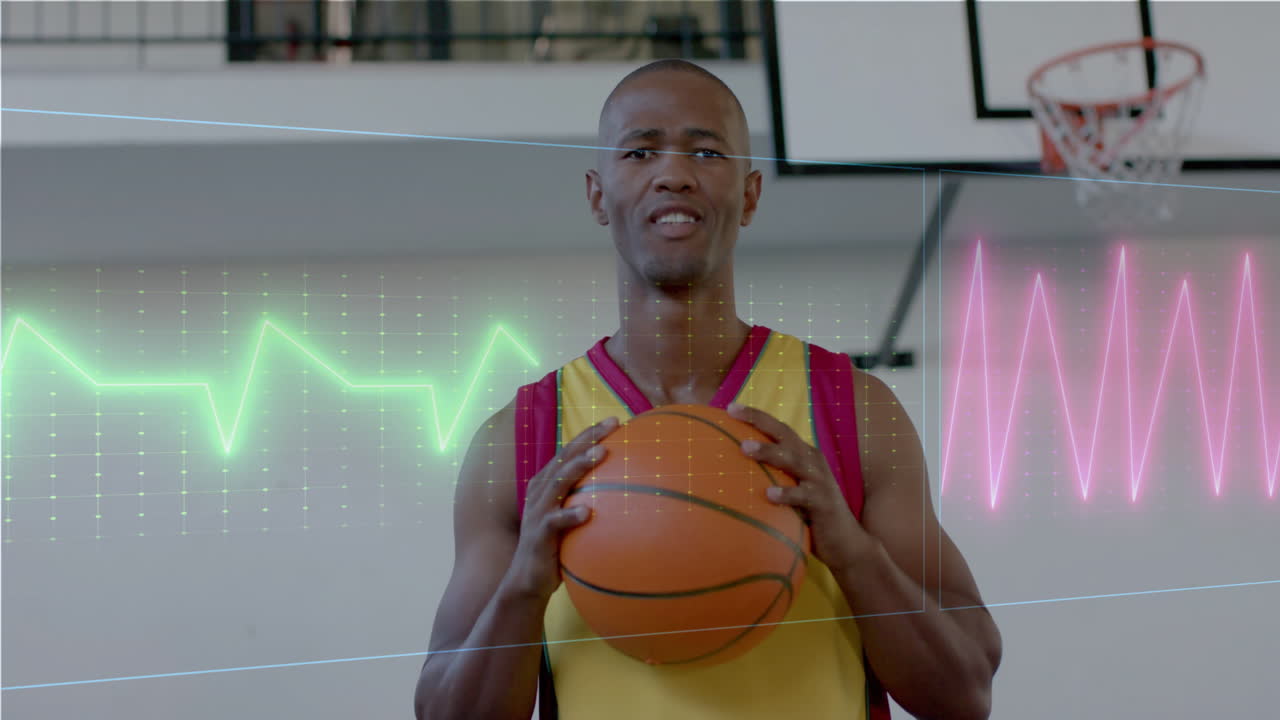 animación de procesamiento de datos digitales sobre un jugador de baloncesto afroamericano en la cancha