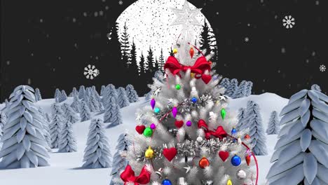 Animación-De-árbol-De-Navidad-Con-Adornos-Sobre-Nieve-Cayendo-Y-Paisaje-Invernal.