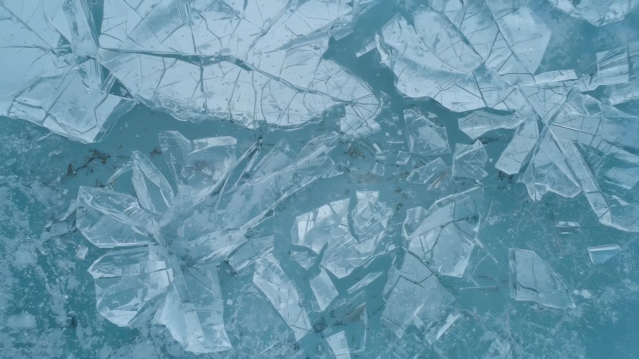 Il foglio di ghiaccio fratturato si sposta sulla superficie ghiacciata man mano che i fotogrammi avanzano, mostrando sottili crepe.
