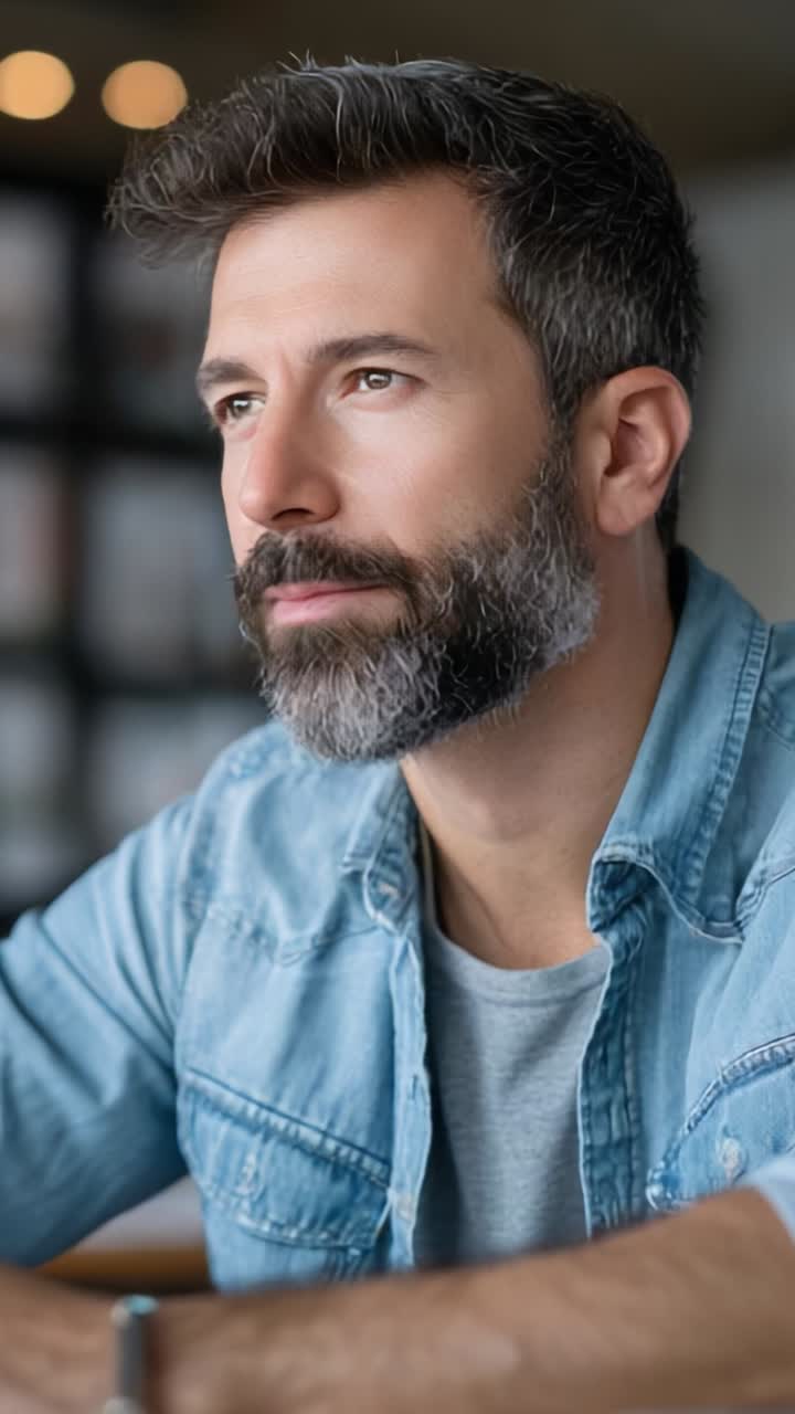 Uomo pensieroso in abbigliamento casual: una prospettiva di profilo sulla vita, la riflessività e le riflessioni quotidiane in un ambiente di un moderno bar