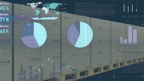 Animation-Von-Statistiken-Und-Datenverarbeitung-über-Kartons-Auf-Förderbändern-Im-Lager