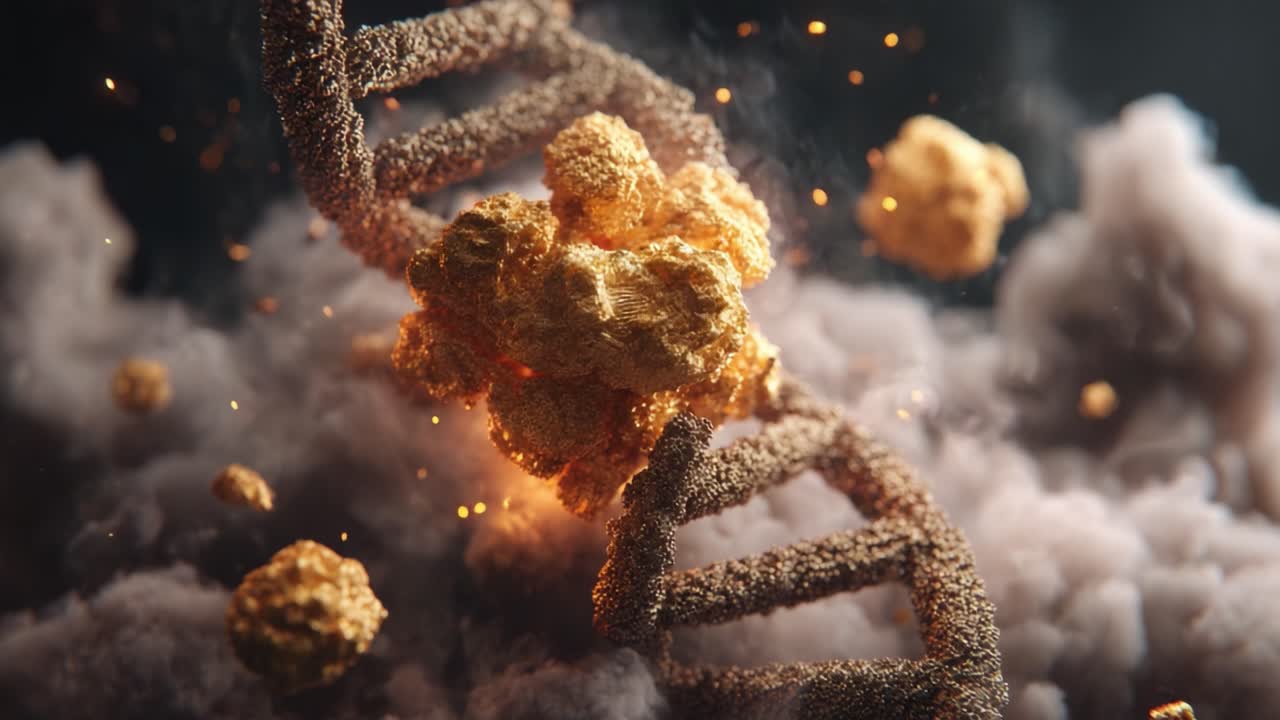 Exploring the Mysteries of DNA: A Stunning Visualization of Genetic Structure Surrounded by Explosive Particles and Dynamic Cloud Effects