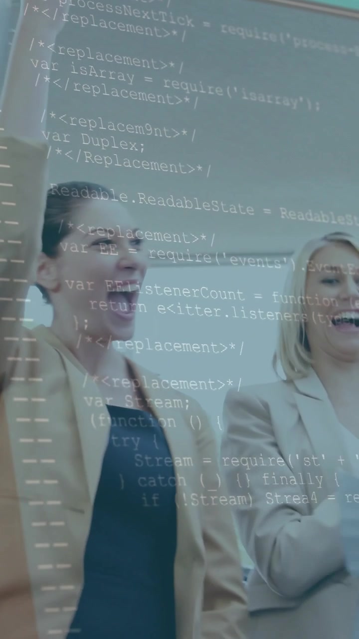 Vertical video: Man sharing from paper by blinds technology code overlay flowing over team cheering