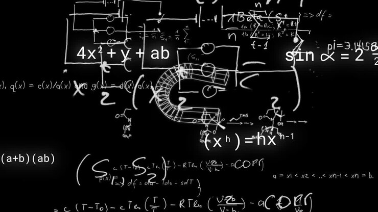 Animation of icons over mathematical equations on black background