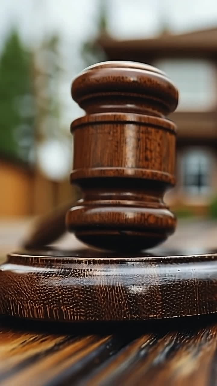 Wooden gavel outside home. A wooden gavel rests on a polished surface in front of a house, surrounded by trees and cloudy skies.