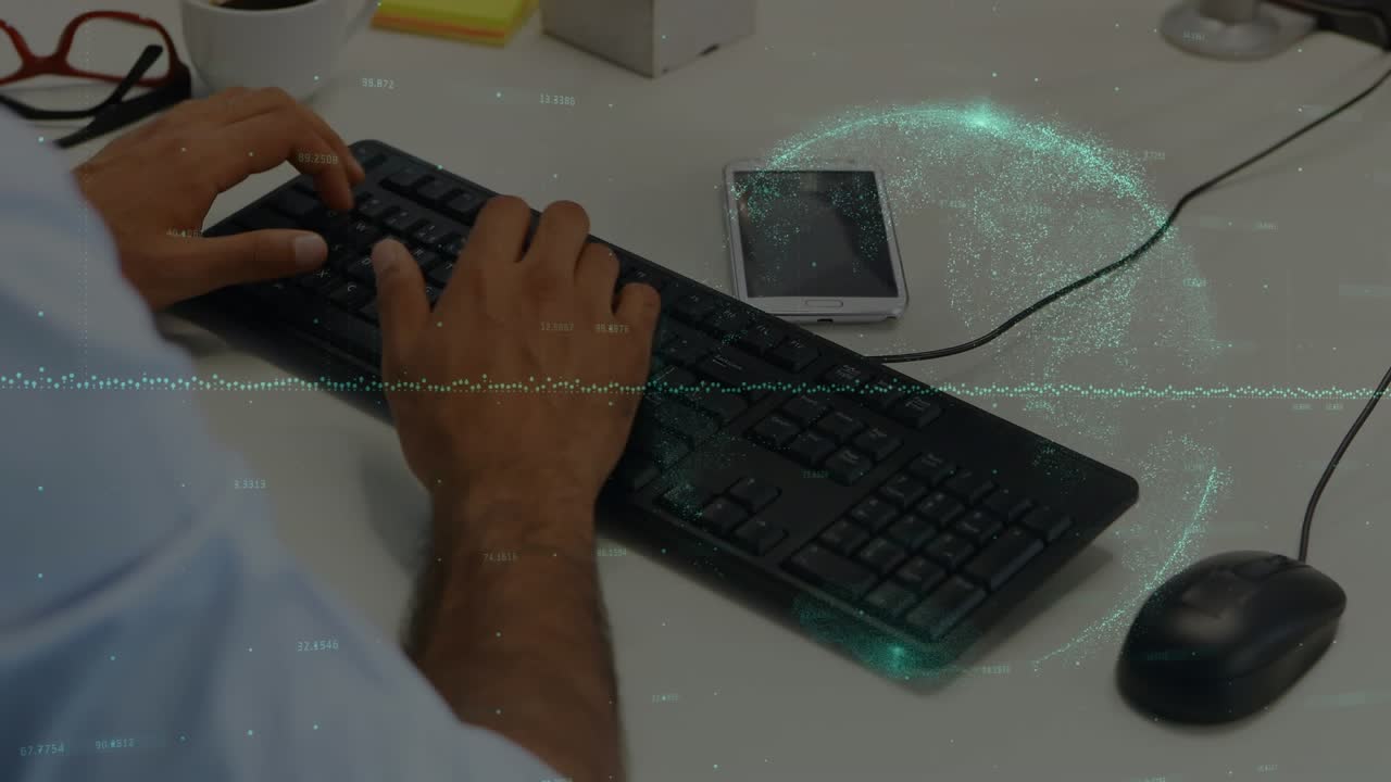 Animation of globe with connections and data processing over businessman using computer