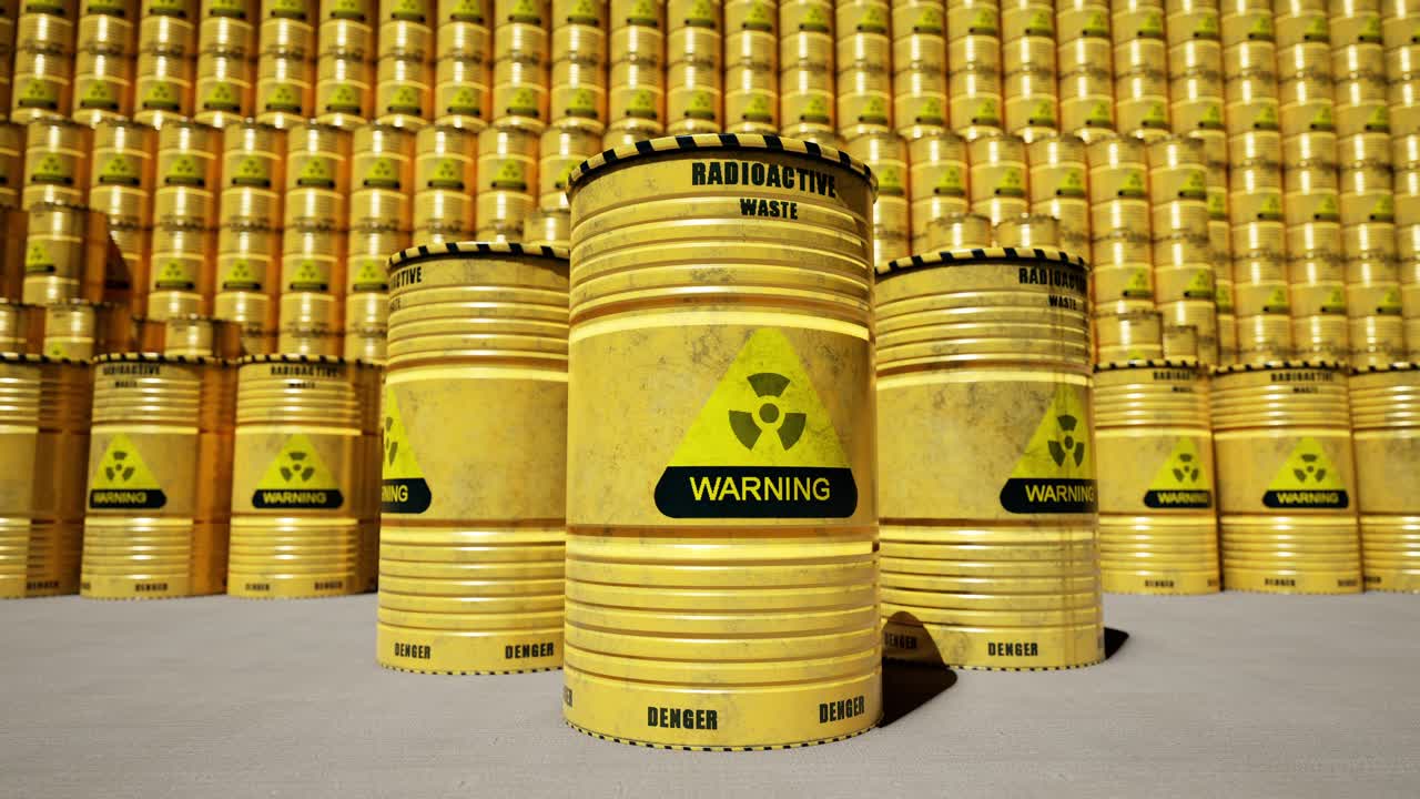 Dump Of Yellow And Black Barrels With Nuclear Radioactive Waste. Danger Of Radiation Contamination Of Industrial Containers. 3D Animation