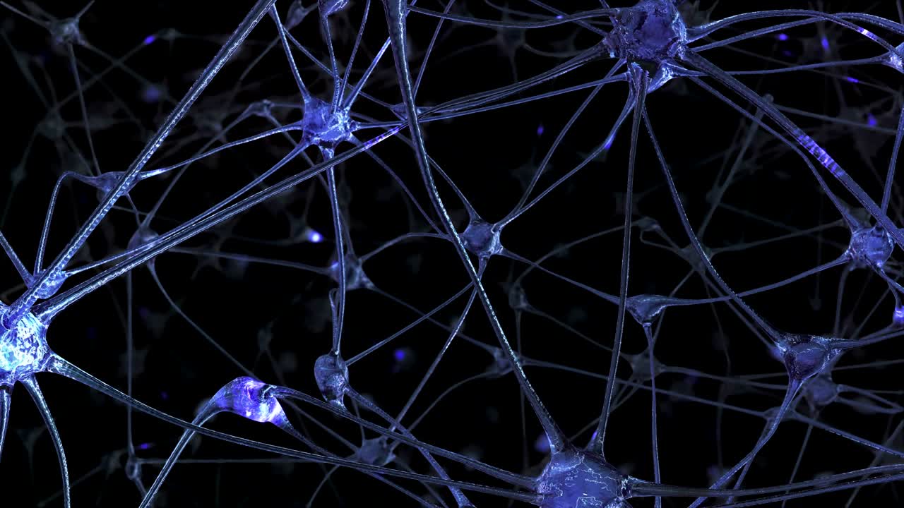 viaje a través de una red de células neuronales y sinapsis en el cerebro a través de la cual pasan impulsos eléctricos y descargas