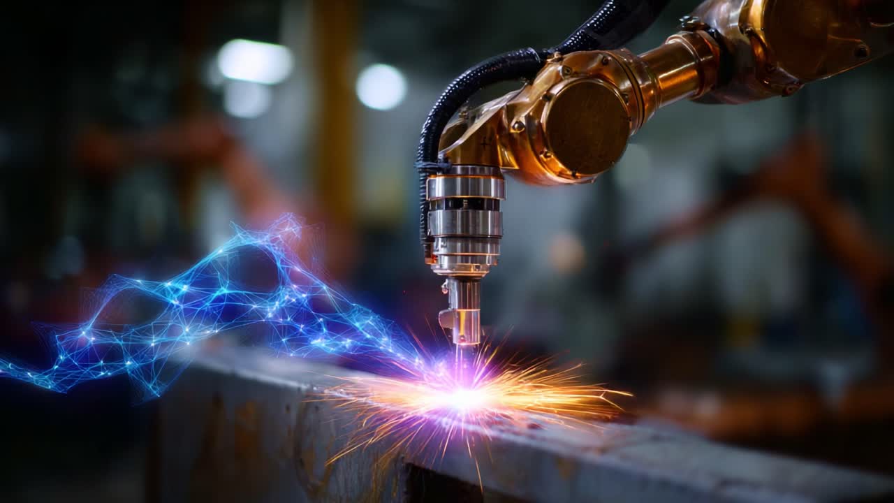 Lengan Robotik Canggih yang Terlibat dalam Pemotongan Logam Presisi dengan Percikan Api dan Efek Energi Tinggi di Lingkungan Industri, Menampilkan Teknologi dan Inovasi Modern