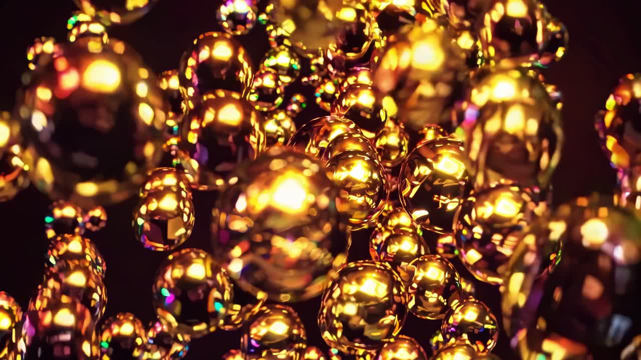 Mesmerizing cluster of iridescent soap bubbles floats against a dark backdrop, their surfaces shimmering with a spectrum of rainbow hues, creating a vibrant and ethereal atmosphere