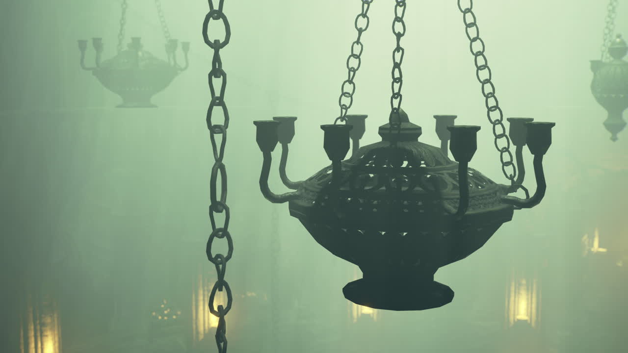 Chandelier hanging in a misty dimly lit interior of a historic building
