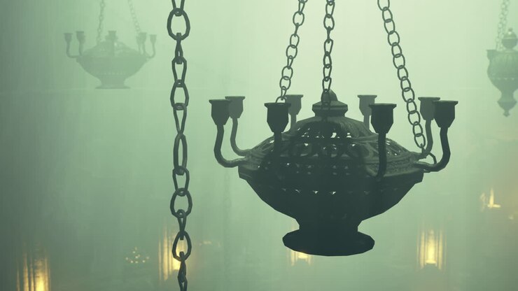 Chandelier hanging in a misty dimly lit interior of a historic building