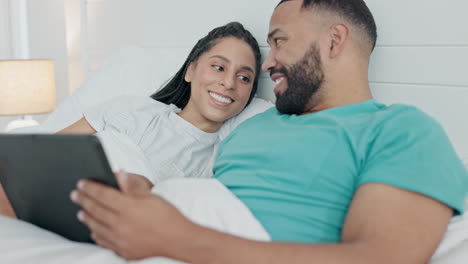 Couple,-tablet-and-relax-in-bed-for-love