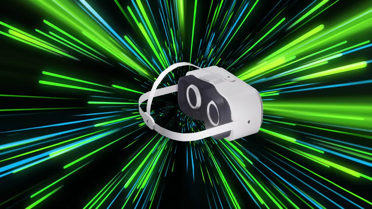Animation of vr headset over light trails of data transfer