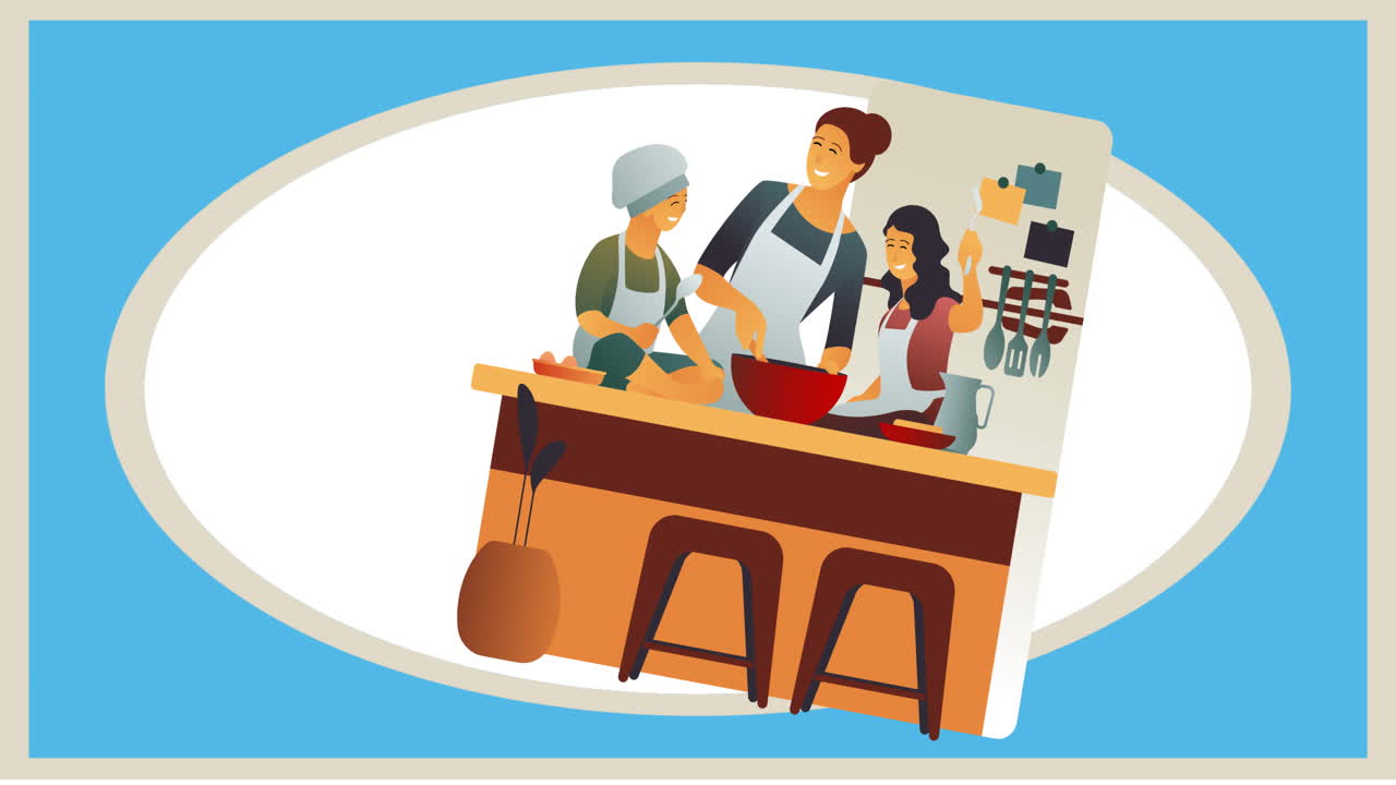 Composition of family cooking on blue background