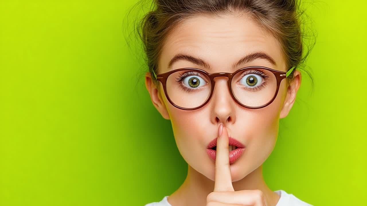 Una mujer con gafas expresa intriga y secretismo contra un vibrante fondo verde: Una exploración de emociones y expresiones en retratos de primer plano.