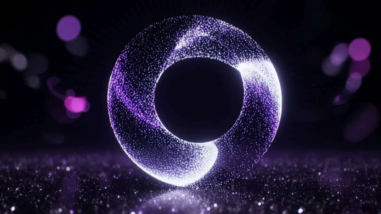Abstract Glowing Purple Particle Ring Rotating on Dark Background