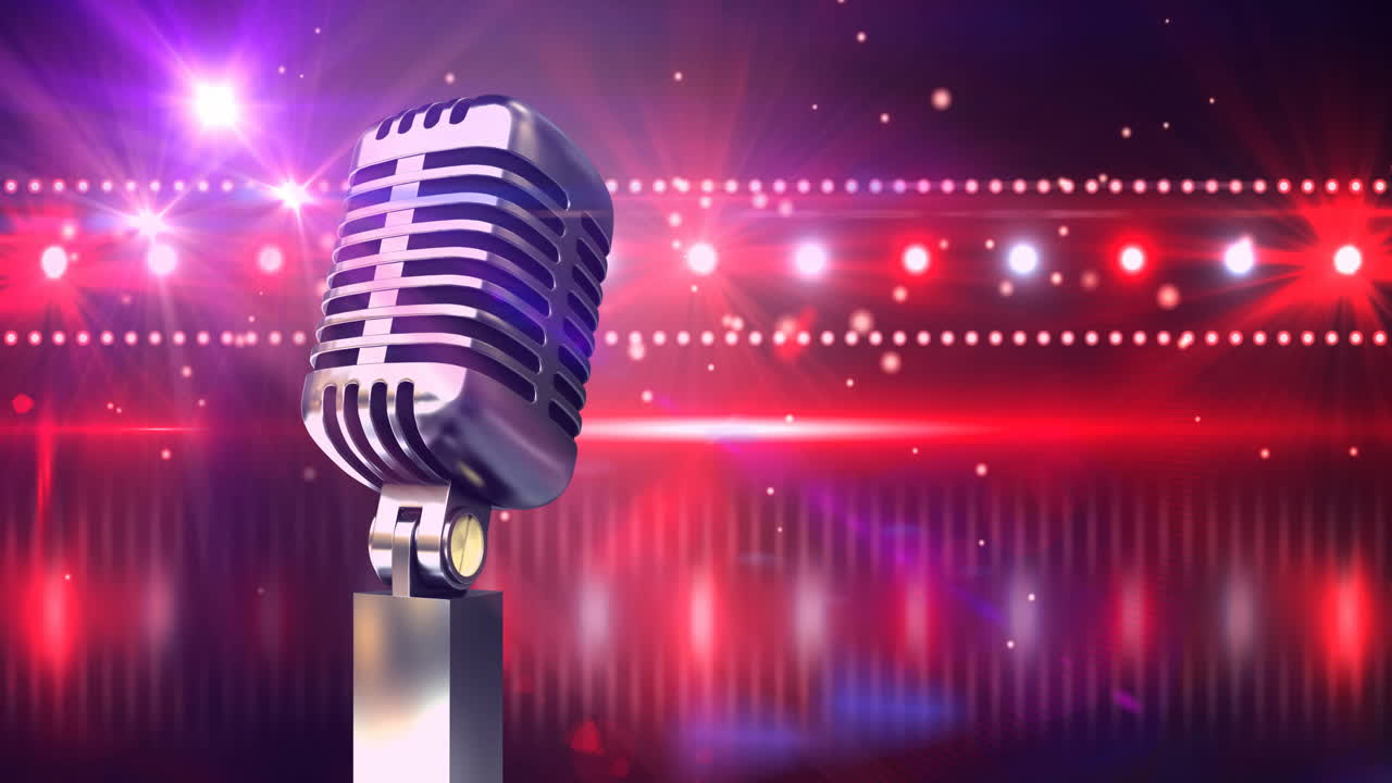 다채로운 반 ⁇ 이는 배경 위에 레트로 마이크의 애니메이션