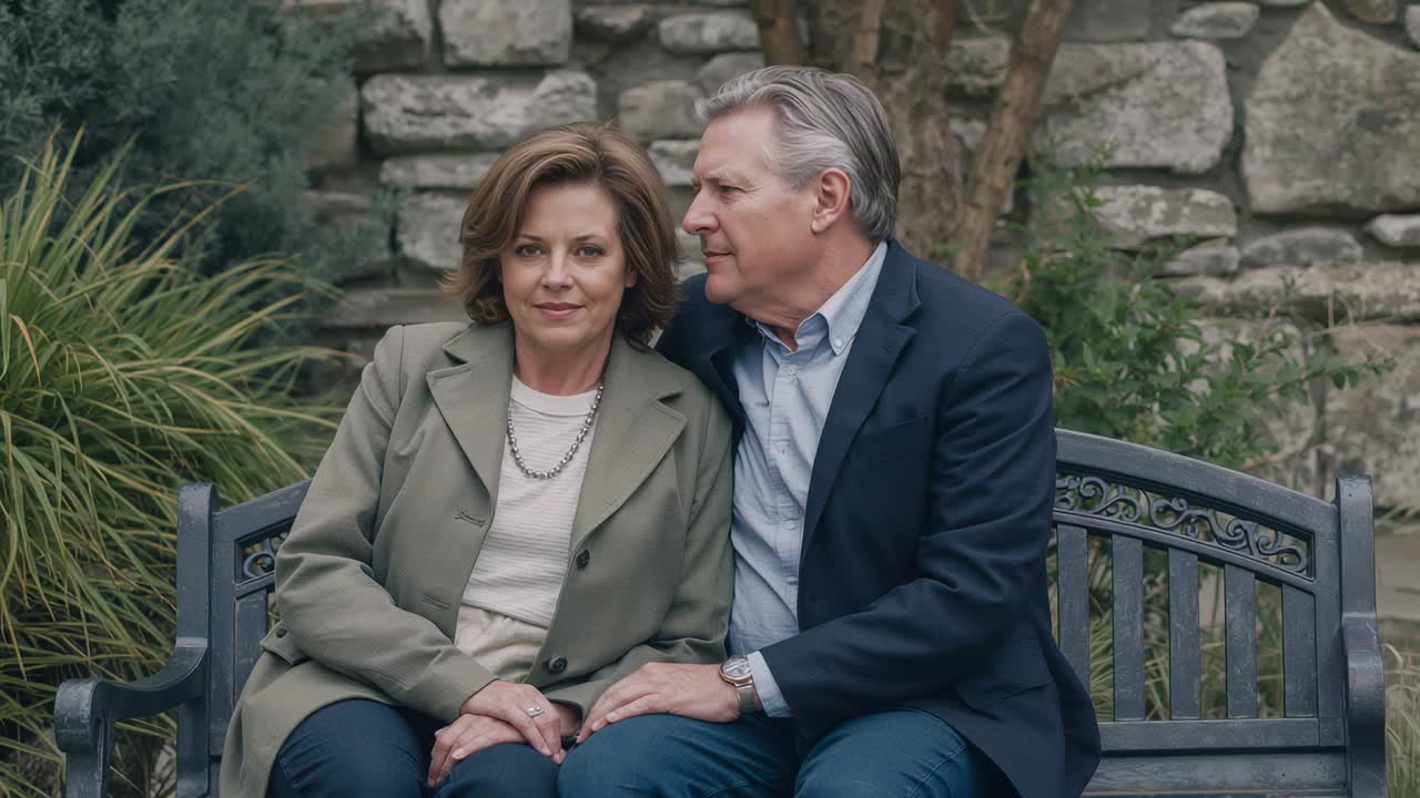 Leaning man in navy blazer placing hand on woman's knee at courtyard bench, reassuring companion