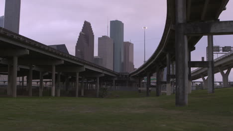 Low-angle-Establishing-shot-of-downtown-Houston