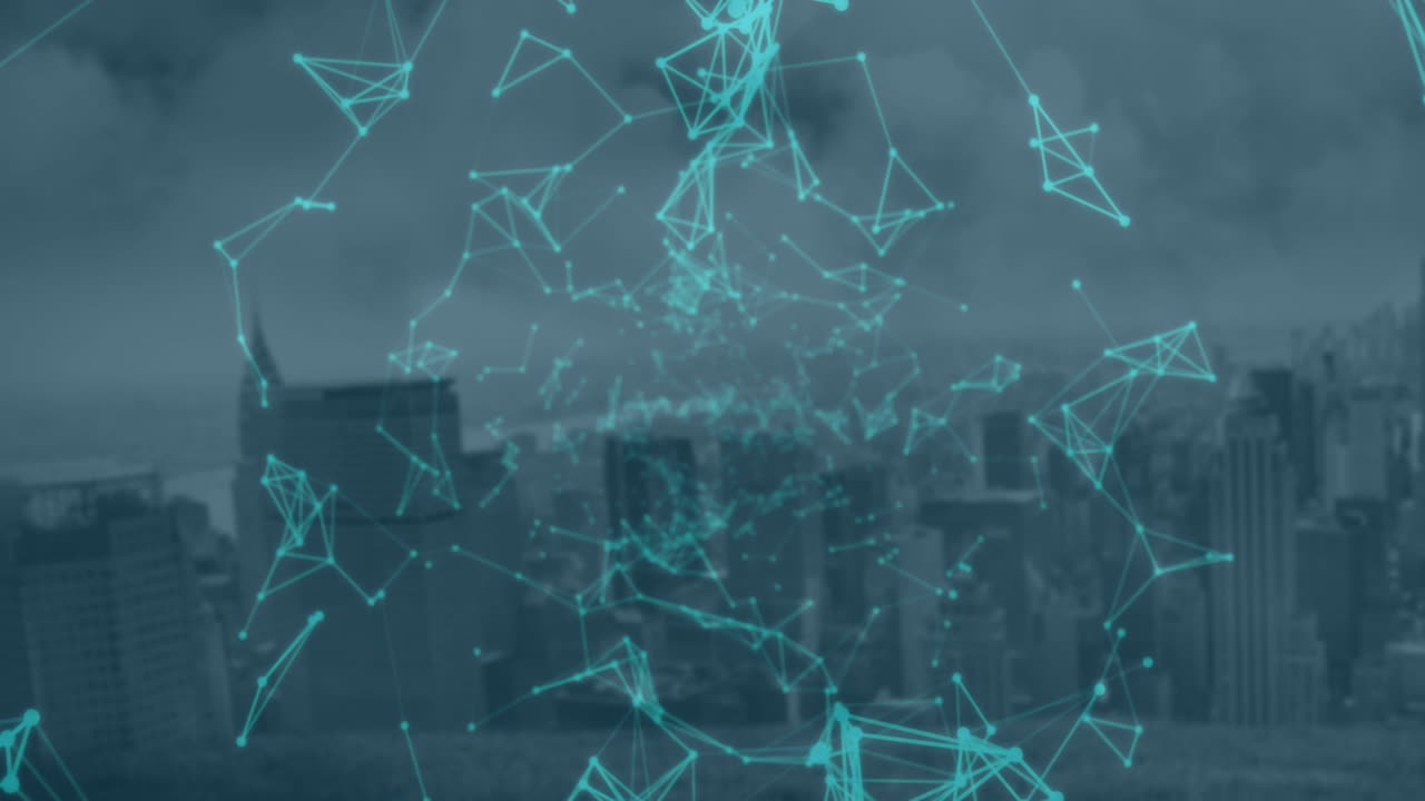 red de iconos de conexión contra el paisaje urbano