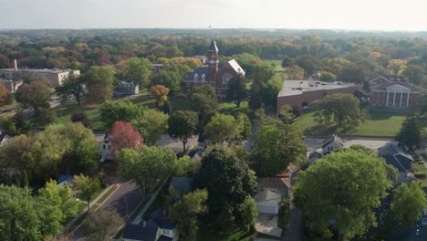 dramatic aerial drone shot revealing a beautiful church on a sunny warm day