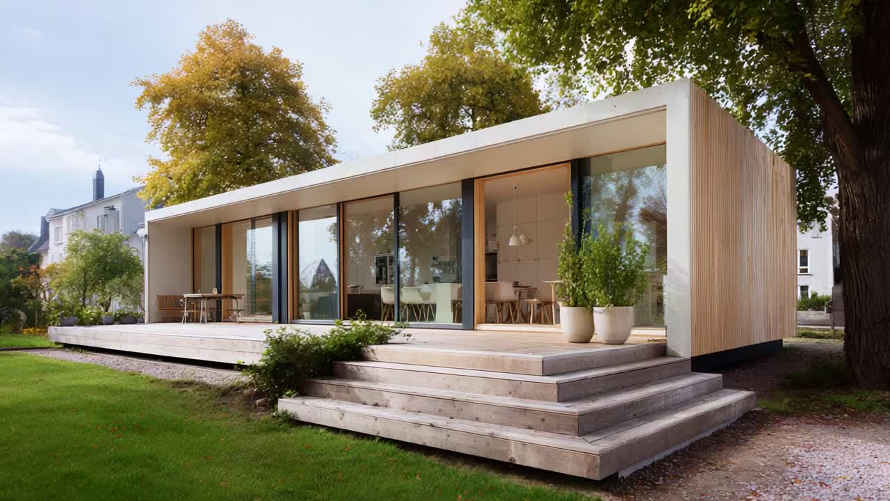 Casa minimalista moderna con terraza de madera rodeada de naturaleza, con grandes ventanales para abundante luz natural y espacio habitable de concepto abierto