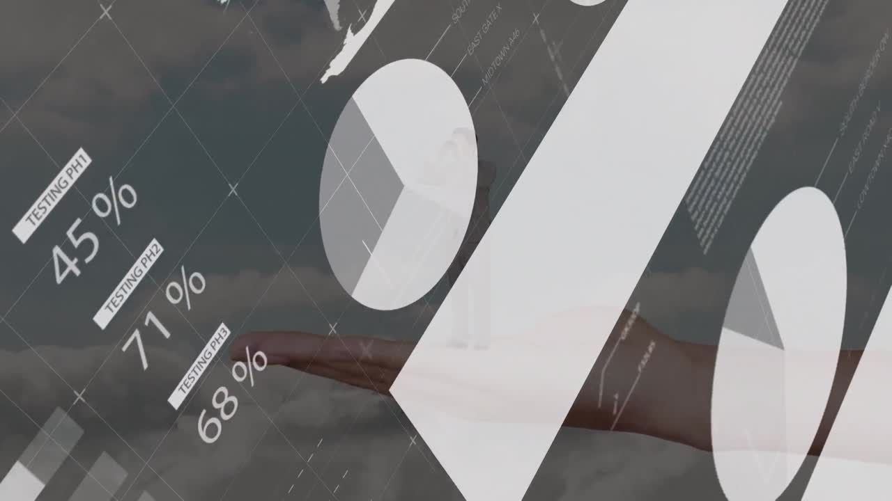 animación de datos y gráfico sobre la mano de una mujer caucásica sosteniendo un hombre de negocios