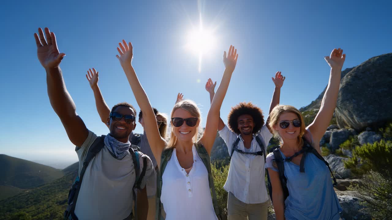 친구 들 의 그룹 이 산 을 산책 하고 있다
