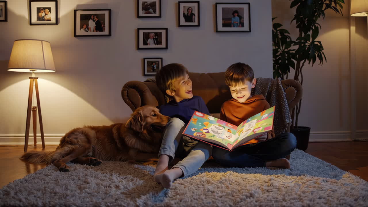dos hermanos leyendo un libro con un perro