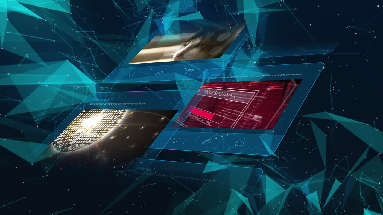 Animation of social media posts over connections on black background