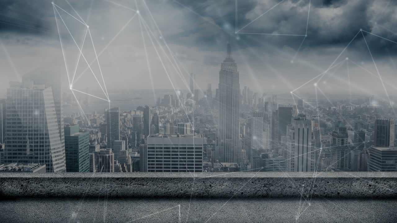 Animation of network of connections over cityscape