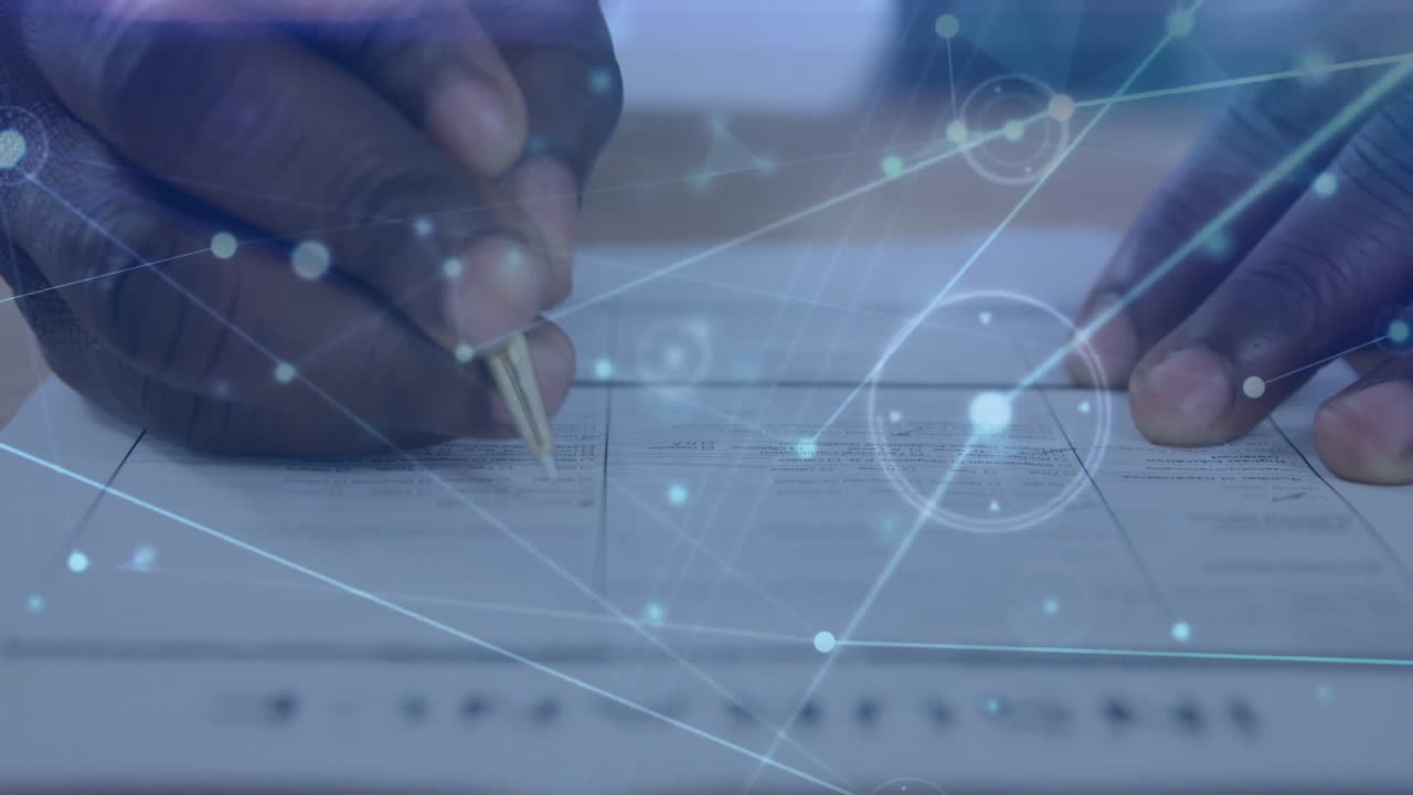 Animation of network of connections over biracial man signing insurance document