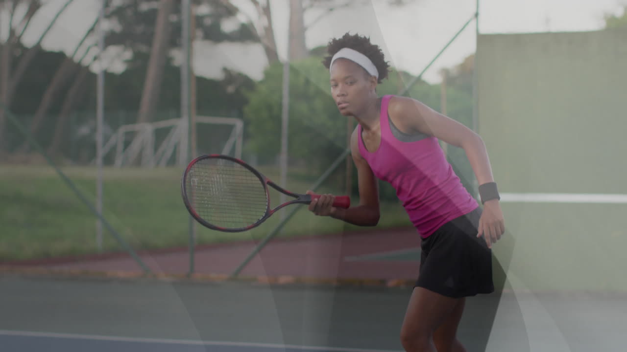 female athlete striking forehand on tennis court, with animated sports performance stats overlay
