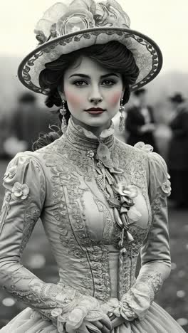 elegant woman in vintage attire at an outdoor gathering