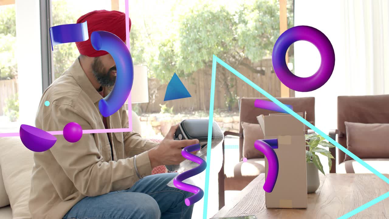 Man in turban reaching box, lifting and inspecting VR headset, purple overlay floating across scene