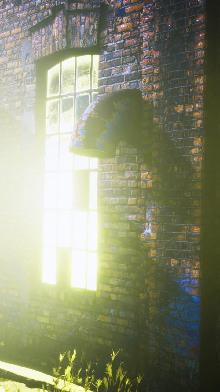Light shines through an old window in a brick building at night