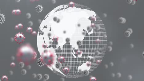 Animation-Von-Viruszellen-Und-Globus-Auf-Grauem-Hintergrund
