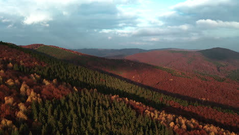 Aerial-flyover-above-mountain-forest-in-rich,-vibrant-autumn-color