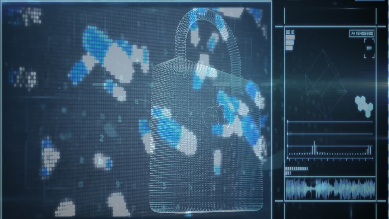 Animation of virus data processing, online security padlock and circuit board