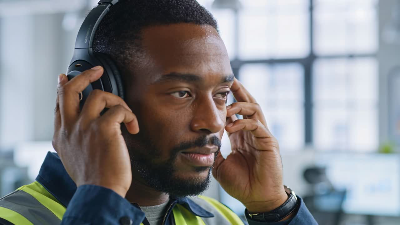 Tech in hi-vis vest and navy shirt putting on headphones, adjusting fit at office for monitoring