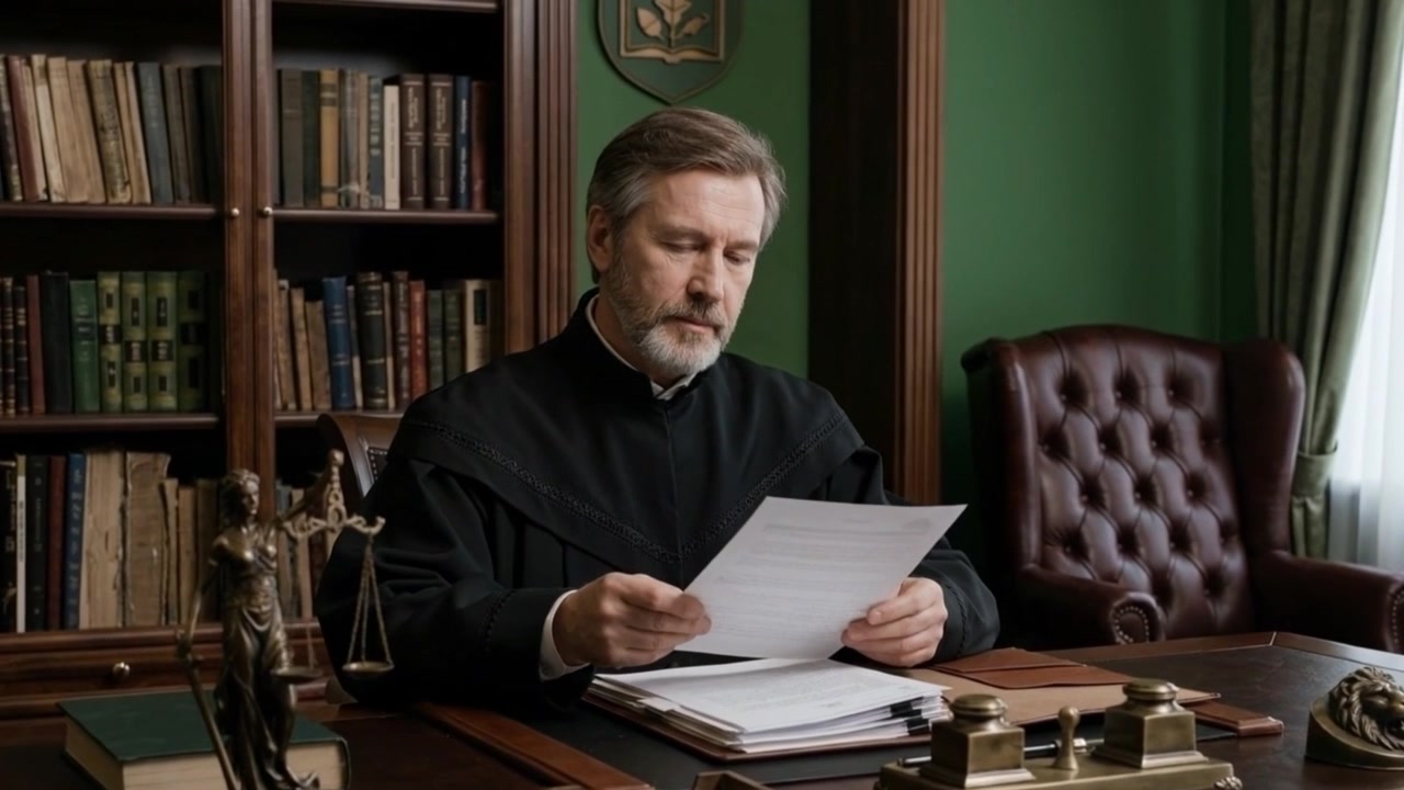 Judge reading legal papers in classic courtroom setting with books and scales of justice nearby