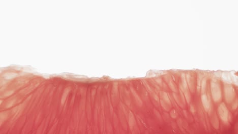 micro video of close up of red grapefruit slice with copy space on white background