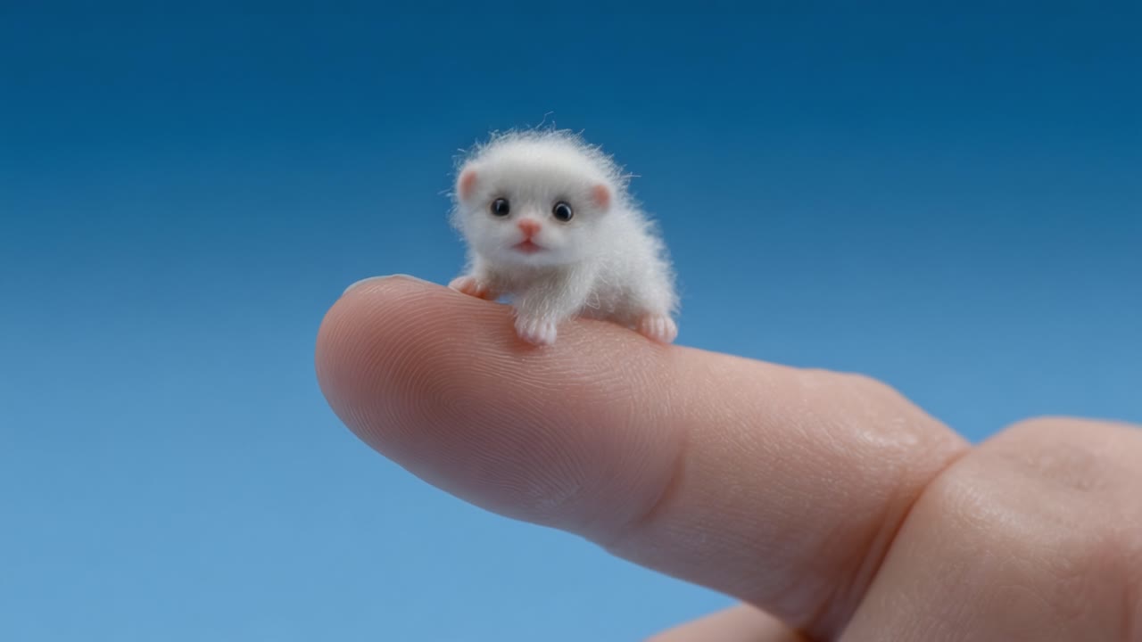 Adorable Tiny Creature Perched on Finger: A Charming Display of Cutest Fluff and Playful Curiosity in a Minimalist Blue Background