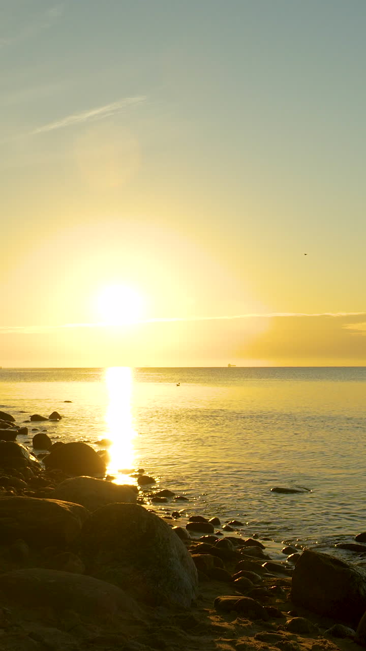 Solen står op over et roligt hav og spreder gyldne refleksioner på vandet og oplyser den stenede kystlinje. Ideel til rejsekampagner, naturdokumentarer, meditationer og visuelle baggrunde.