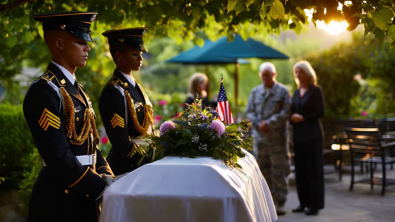 A solemn military honor ceremony, featuring two guards in dress uniforms standing vigil beside a casket adorned with flowers, while family and comrades pay their respects in a serene garden setting at sunset