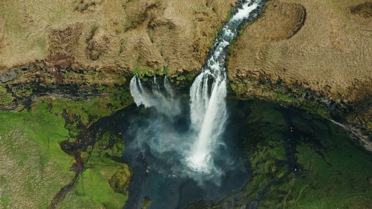 Bird's eye view of Seljalandsfoss waterfall in south Iceland, famous Icelandic landmark attraction