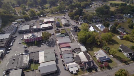 Aerial-orbit-over-Lynchburg,-Tennesee---a-small-American-town