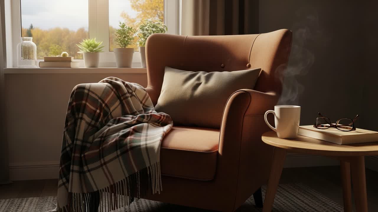 Cozy Living Room Corner with Comfortable Chair, Soft Blanket, Warm Cup of Coffee, and Inviting Natural Light Streaming Through the Window