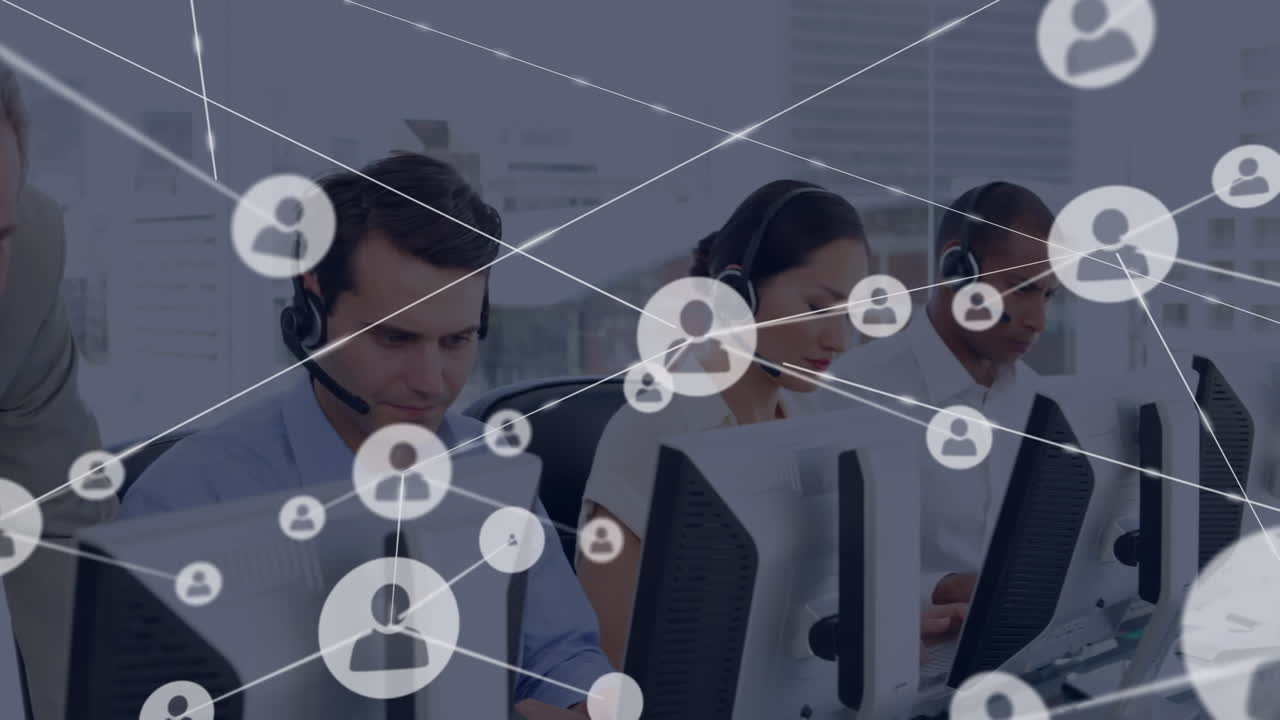 Animation of network of connection with icons over business people wearing phone headsets